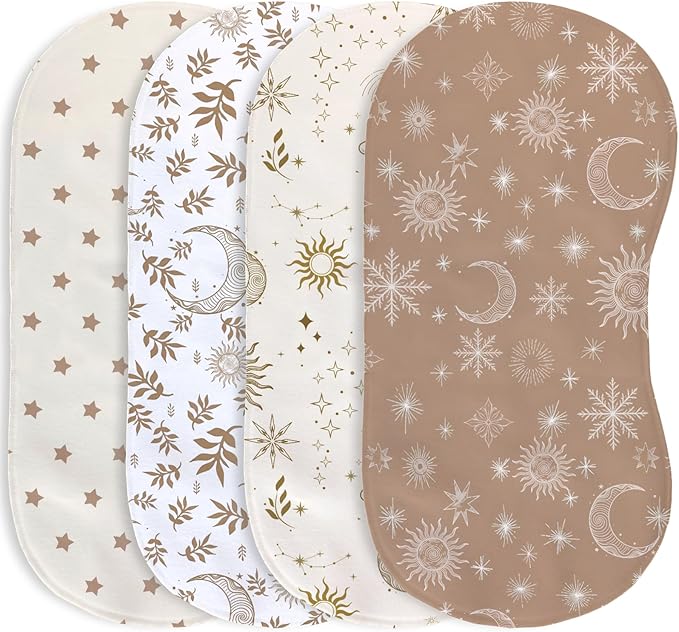 4 Pack Baby Burp Cloths, Soft Muslin Cotton Boho Star Moon Print Burp Cloths, Super Absorbent Washcloths Infants Burping Cloth Set for Newborns Baby Boy Girl Essentials