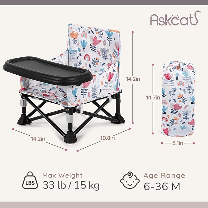 Toddler Booster Seat for Dining Table & Kitchen Chair - Portable Foldable with Removable Tray, Baby Camping Chair 6-36 Months Indoor Outdoor (Green Stripe)