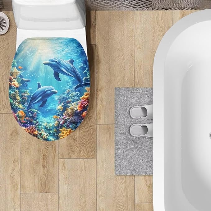 Toilet Seat Covers for Bathroom Dolphin Toilet Lid Covers Soft Flannel Fabric Breathable Toilet Lid Cover Elongated Toilet Seat Covers Decoration Blue