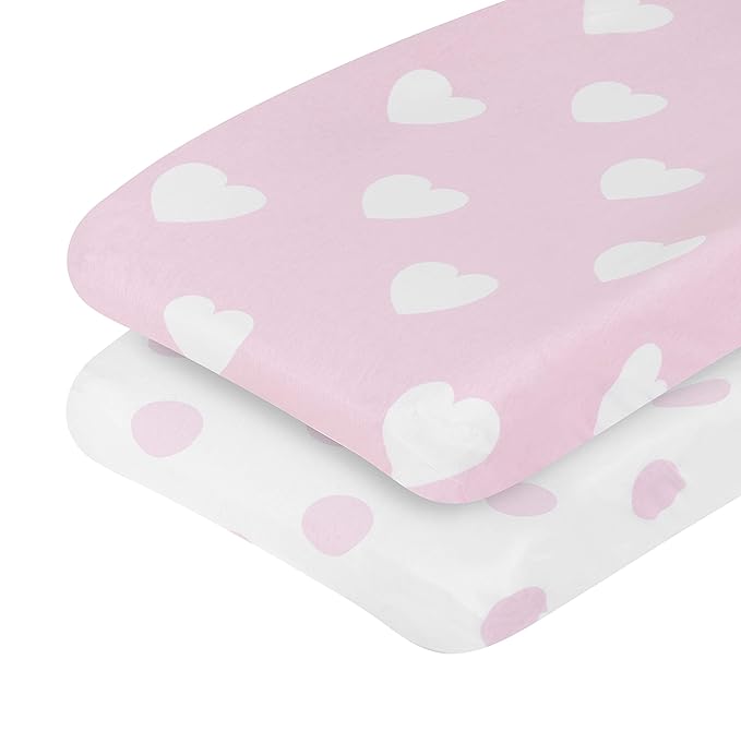 EVERYDAY KIDS 2 Pack Baby Changing Pad Covers for Baby Girl – Fits Most Changing Table Pads; 100% Cotton Jersey Knit, Breathable, Soft Changing Table Topper – Pink and White Hearts and Polka Dots