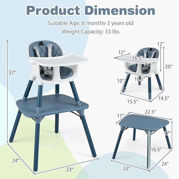HONEY JOY 5-in-1 High Chair, Convertible Highchair for Babies and Toddlers/Kids Chair Table Set/Infant Feeding Chair w/Safety Harness, PU Leather Cushion & Removable Food Tray (Blue)