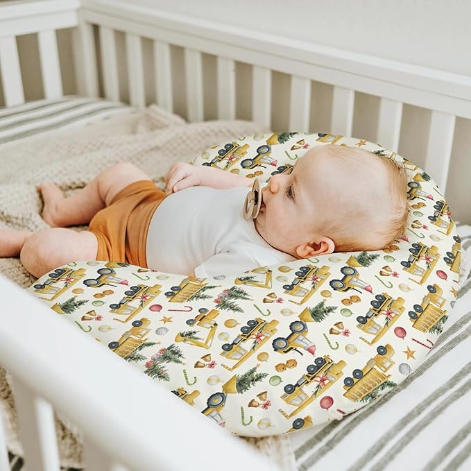 Christmas Trucks Construction Baby Nursing Pillow Covers for Boy Girl Dump Trucks Excavators Trees Nursery Pillowcase for Breastfeeding Pillows Winter Holiday Soft Stretchy Slipcovers for Newborn