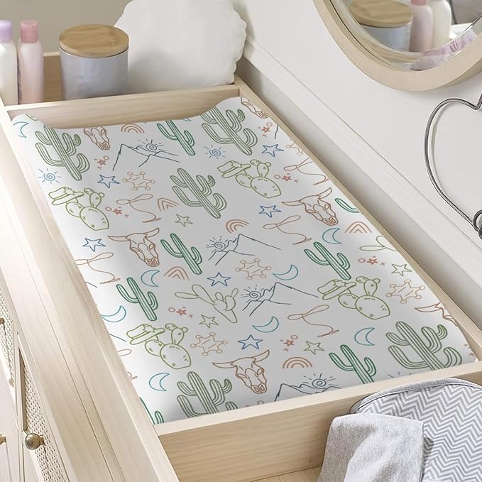 Boho Western Cow Skull Cactus Rainbow Baby Changing Pad Covers Boy Girl 32''x16'' Western Cowboy Cactus Mountain Moon Stars Fitted Diaper Change Table Mats Soft Breathable Cradle & Bassinet Sheets