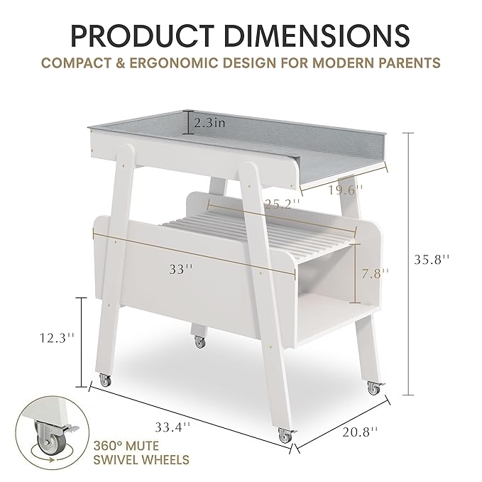Diaper Changing Station Baby Flat Top Changing Table with Wheels and Changing Pad Nursery Organizer & Storage Rack Mobile Nursery Diaper Changing Table for Baby, Newborn (White)