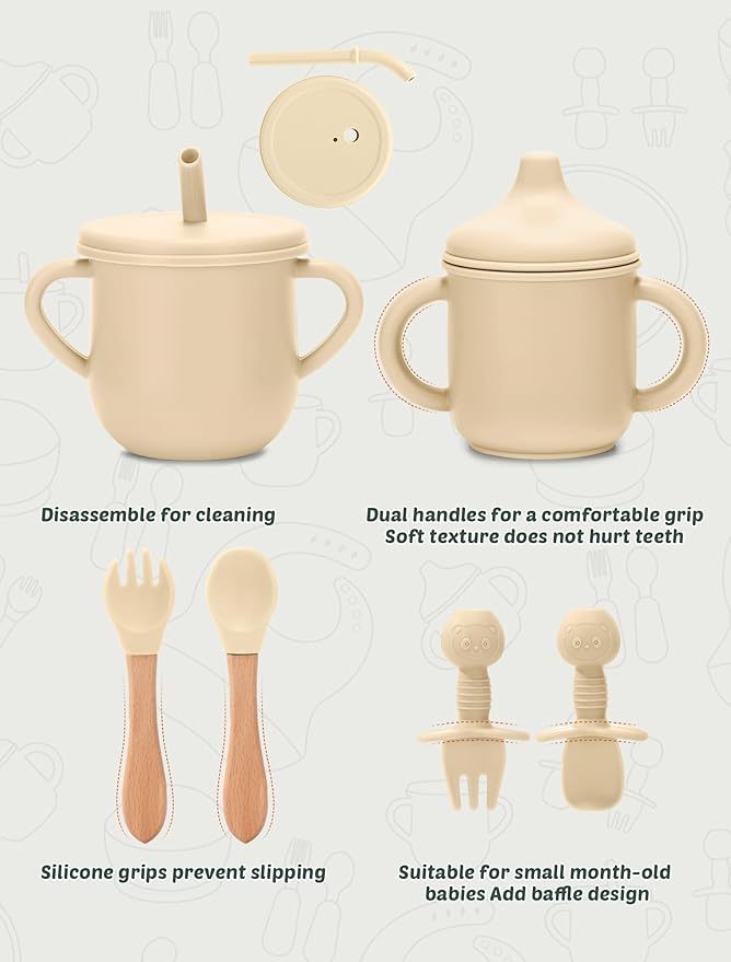 Silicone Baby Feeding Set 9 Pcs, Spill-Proof Suction Plate, Bowl, Bib, Silicone spoon&forks, Wooden Spoons&forks, Training cup with straw and Sippy Cup, Baby Eating Utensils (Brown)