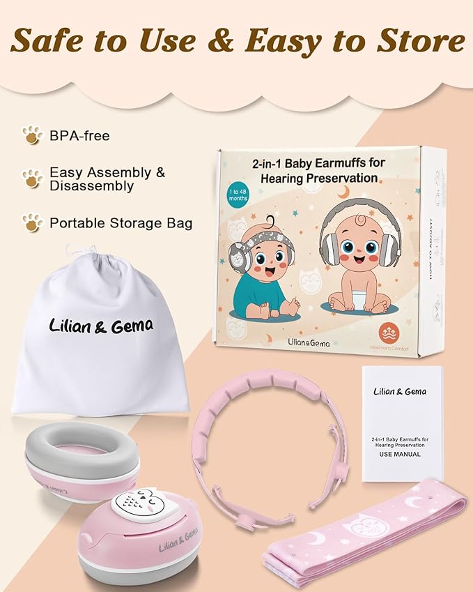 Lilian&Gema 2-in-1 Baby Ear Muffs Noise Protection up to 48 Months - Cute Owl Ear Protection for Infant & Toddler - Baby Airplane/Travel Essentials - Adjustable Noise Reduction Earmuffs, Pink