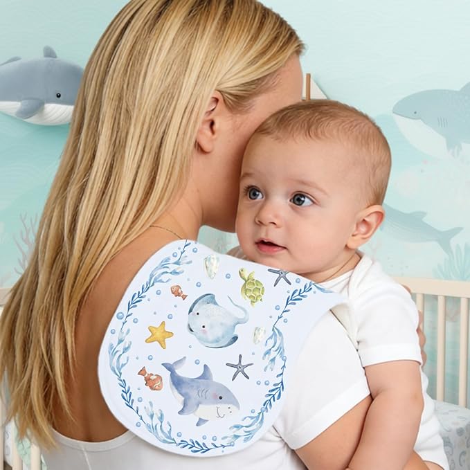 2pcs Ocean Burp Cloths for Baby Boys Girls 100% Cotton Sea Animal Themed Design Burp Rags, Soft Breathable Muslin Burping Cloths Absorbent Spit-Up Cloths for Infant Newborns