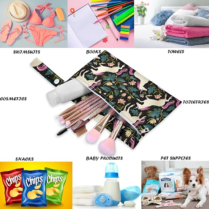 visesunny Pretty Unicorn Flower 2Pcs Wet Bag with Zippered Pockets Washable Reusable Roomy Diaper Bag for Travel,Beach,Daycare,Stroller,Diapers,Dirty Gym Clothes,Wet Swimsuits,Toiletries