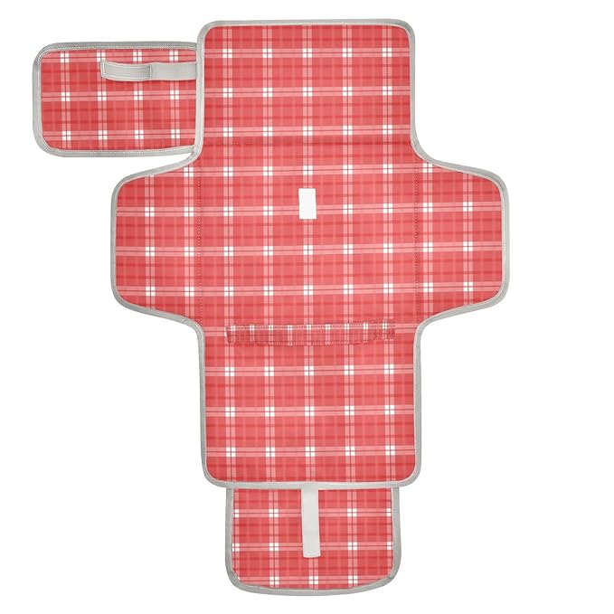 Portable Diaper Changing Pad Travel Baby Changing Mat Waterproof Diaper Changing Mat Foldable Lightweight Baby Changer with Built-in Pillow Checkered Plaid Red