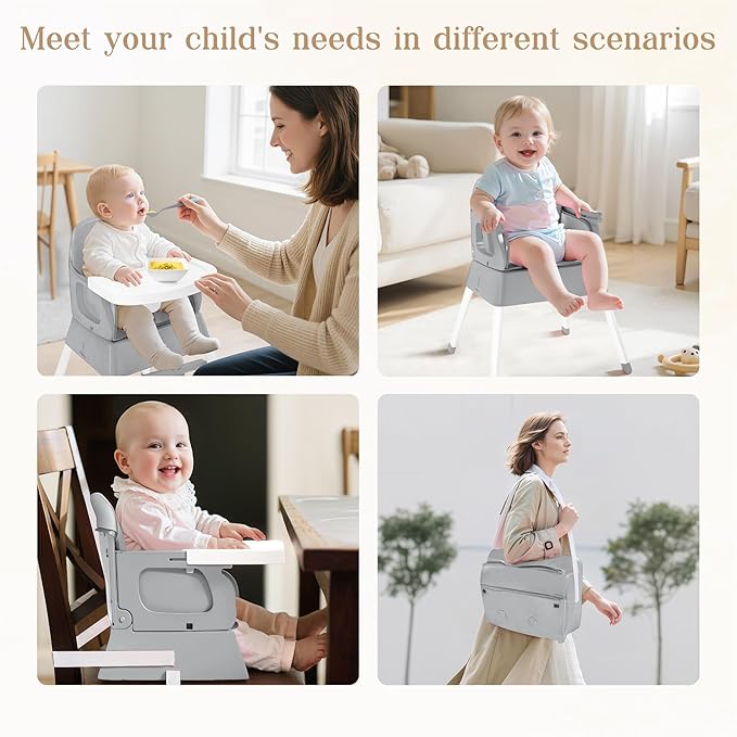 5 in 1 Foldable Baby High Chair,Convertible Highchair for Babies and Toddlers-Portable Infant Booster Seat,Carry Small Box,Dining Chair,Toddler High Chair with 5-Point Harness,Removable Tray-Grey