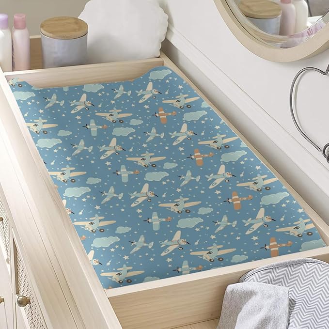 Clouds Plane Stars Pattern Baby Changing Pad Cover, Unisex Plane Nursery Diaper Changing Table Pad Mat Sheet for Boys Girls-16x32