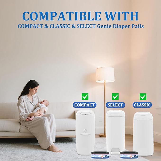 6 Pack Standard Square Bags Refill Compatible with Diaper Genie Compact, Select and Classic Pails, Max Odor Control, Disposal Bag Refills, Continuous Film, Hold Up to 280 Newborn-Sized Diapers
