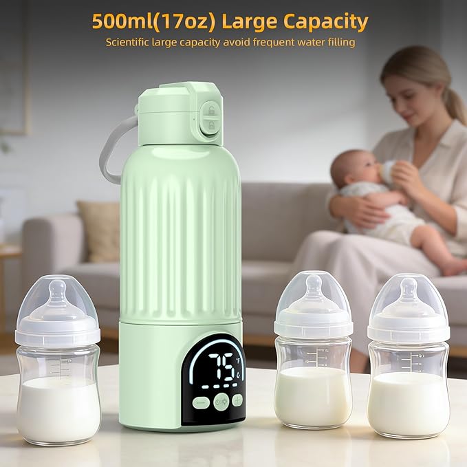 Portable Bottle Warmer for Travel, 17oz Large Capacity, 18000mAh Battery Life, Dual Heating Modes for Breast Milk Water, Fast Heating, Cordless Milk Warmer for Car Airplane Outdoor (Green)