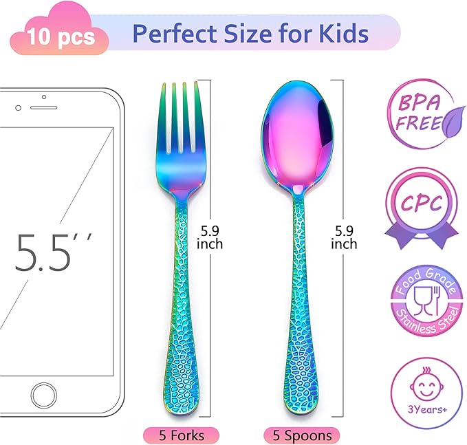 LIANYU 10-Piece Kids Silverware Set, Rainbow Toddler Utensils Flatware Set, Stainless Steel Child Preschooler Cutlery Set, Includes 5 Kids Spoons, 5 Kids Forks, Dishwasher Safe