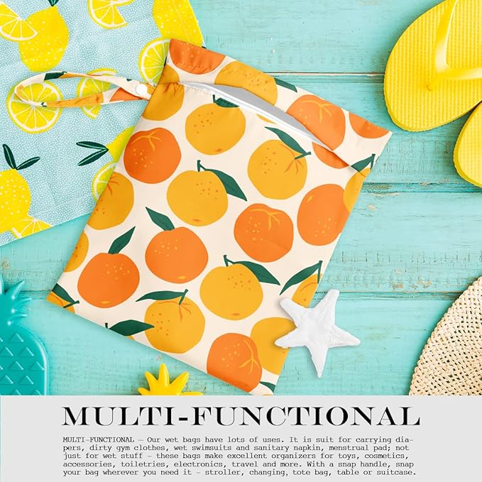 Wet Bag, Wet Dry Bag, Wet Bag for Swimsuit, Travel, Beach, Pool, Diapers, Dirty Yoga Gym Clothes, Makeup Bag, Waterproof Reusable Fruit Decor Orange Strawberry