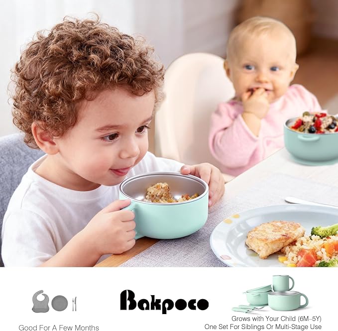 Bakpoco Kids Dinnerware Set - 6 Piese Toddler Plates and Suction Bowls Set with Kids Utensils&Cup, 2 IN 1 Stainless Steel & Silicone Baby Self Feeding Supplies, Sage