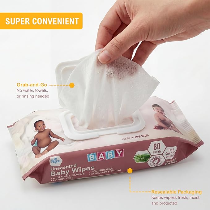 MED PRIDE Unscented Baby Wipes, 12 Pack (80 Wipes Each), Aloe & Vitamin E, Alcohol Free & Paraben Free, Soft & Strong Sensitive Baby Wet Wipes with Resealable Lid