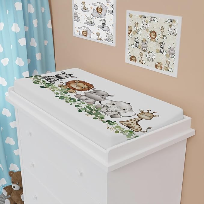 Baby Safari Animals Changing Pad Cover Cute Lion Elephant Giraffe Zebra Hippo Green Eucalyptus Leaves Change Table Pad Cover for Boys Girls Soft Stretch Fitted Diaper Changing Mat Sheets 32''x16''