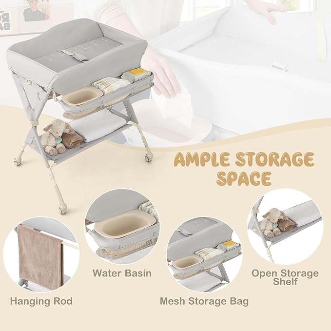 HONEY JOY Changing Table, Folding Mobile Diaper Nursery Organizer w/Wheel, 3 Adjustable Heights, Storage Bag & Open Shelf, Water Basin, Portable Baby Changing Station for Newborn Infant(Gray)
