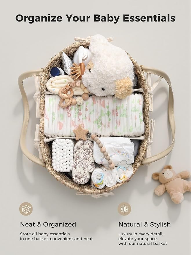 Diaper Caddy Organizer, Hand Woven Scalloped Diaper Caddy Basket Changing Table Organizer, Natural Seagrass Wicker Nursery Bakset Picnic Basket Household Organizer, Natural
