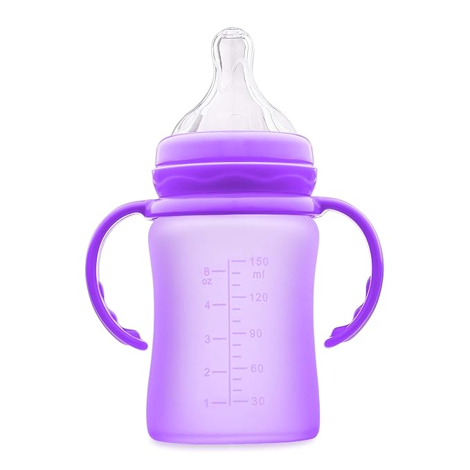 3-in-1 Glass Sippy Cups for Toddlers | Silicone Coated Glass Baby Bottles | Non-Toxic Transition Cup for Baby with Removeable Handles | Baby Straw Cup NB+,3M,6M,12M (Purple, 5 oz)