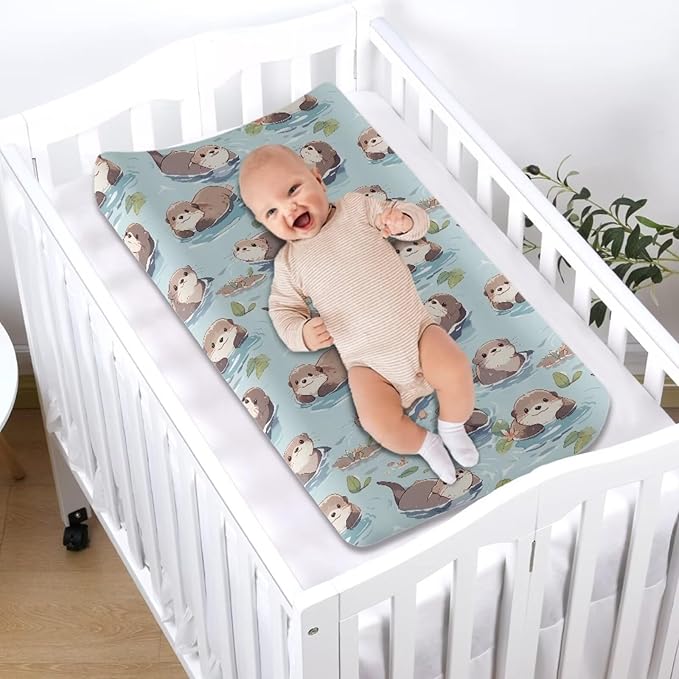 Cartoon Otters Baby Diaper Changing Table Sheets Jersey Knit Breathable Changing Table Pad Cover for Infants Toddles 16 * 32 Inches