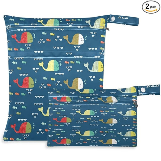 visesunny Kids Doodle Style Funny Whales And Colorful Fish 2Pcs Wet Bag with Zippered Pockets Washable Reusable Roomy for Travel,Beach,Pool,Daycare,Stroller,Diapers,Dirty Gym Clothes, Wet Swimsuits, T