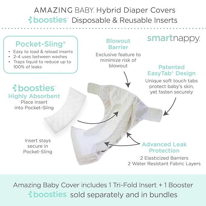 Amazing Baby Hybrid Cloth Diaper Cover with Pocket-Sling, Small, Sz 2 (8-15 lbs), Use with Boosties Inserts, Pink Tiny Stripes, SmartNappy Set includes Muslin Cover + Tri-fold Insert + Booster Pad