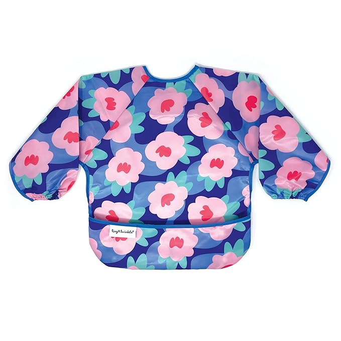 Tiny Twinkle Mess Proof Baby Bib, Cute Full Sleeve Bib Outfit, Waterproof Bibs for Toddlers, Machine Washable, Tug Proof Closure, Baby Smock for Eating, Long Sleeve (Floral Blue, Large 2-4 Years)