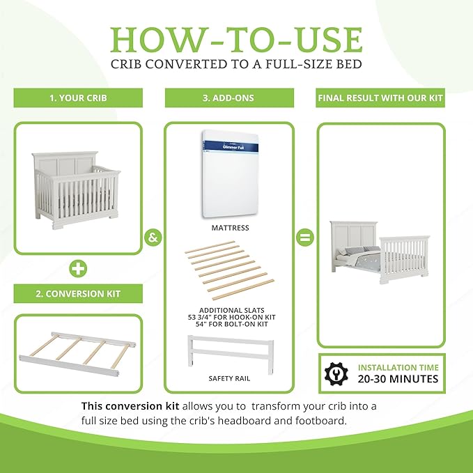 Full-Size Conversion Kit Bed Rails for Oxford, Soho, Ozlo & Avalon Baby Convertible Cribs - Solid Wood - Toddler and Adult Rail for Full-Size Bed - Nursery and Baby Furniture (White, Hook-On Kit)
