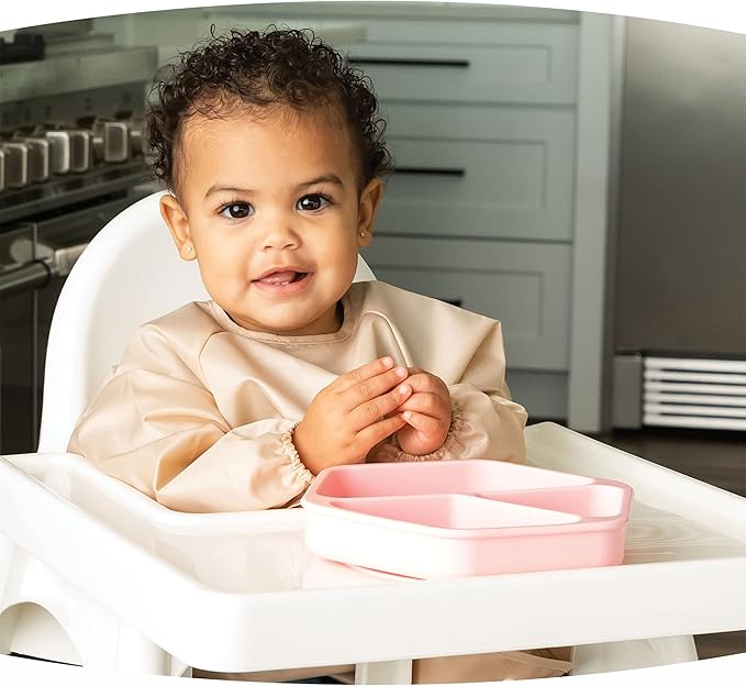 Tiny Twinkle Silicone Suction Baby Plate, Suction Grip Divided Dish for First Foods and Self-Feeding Toddlers, Baby Led Weaning Supplies for Independent Eating (Rose Plate with Lid)