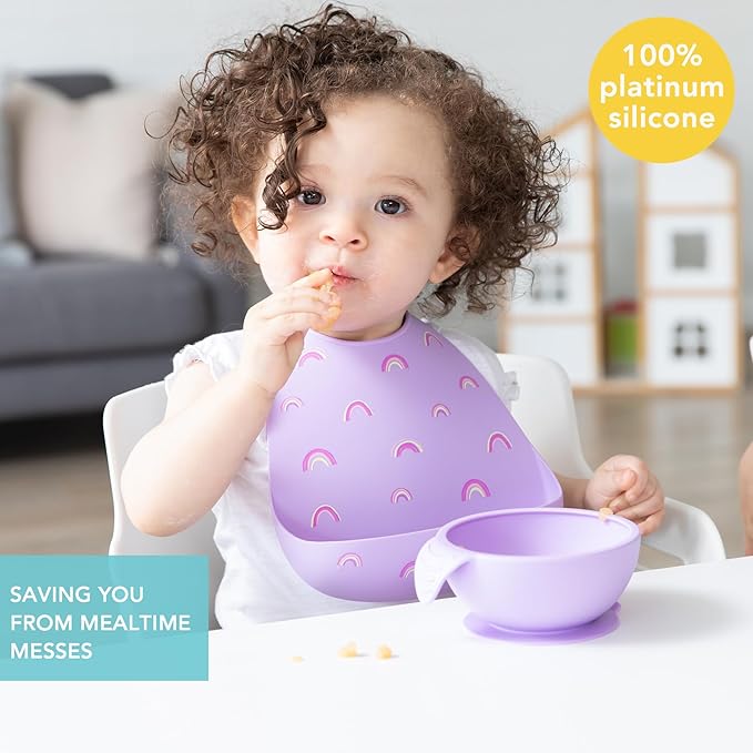 Bumkins Bibs, Silicone Pocket for Babies, Baby Bib for Girl or Boy, for 6-24 Months Up to Toddler, Essential Must Have for Eating, Feeding, Baby Led Weaning Supplies, Mess Saving, Rainbows Purple
