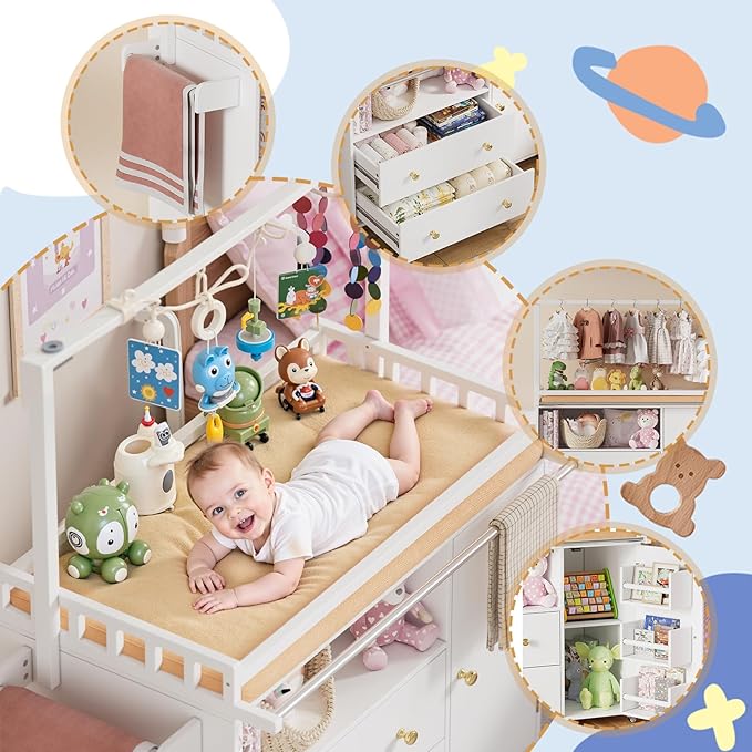 PAKASEPT Baby Changing Table, Infant Diaper Changing Station with Wheels & Wide Table Top & Clothes Rail, Baby Changing Table with Two Drawers and Cabinet for Nursery and Kids