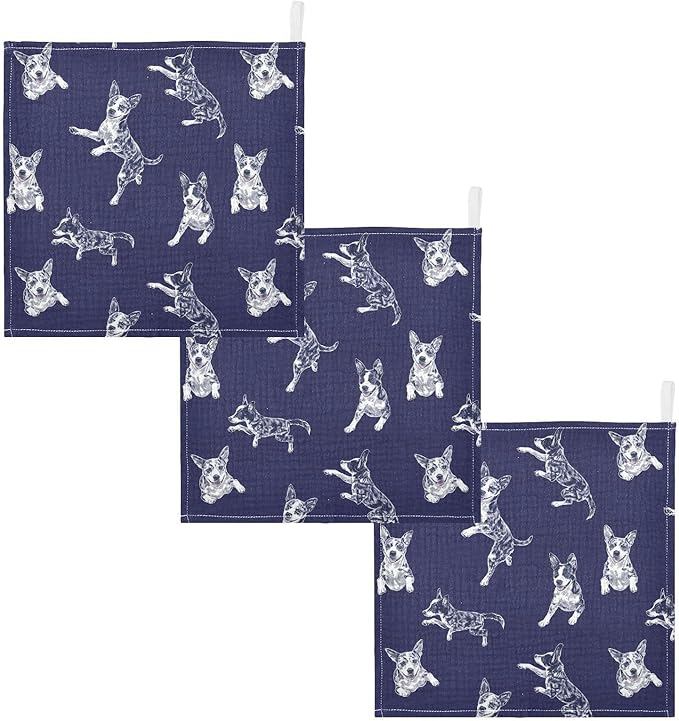 vvfelixl Baby Muslin Washcloths Blue Heeler Dog Baby Burp Cloths Cotton Babys Face Towel for Infants Soft 11.8 X 11.8 in, 3 Pack