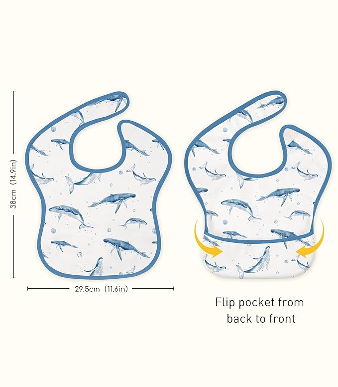 3-Pack Waterproof Baby Bibs for Eating - Mess Proof Lightweight Toddler Feeding Bibs with Large Food Catcher, Food-Grade Baby Eating Essentials, Easy to Put On & Clean(Blue Ocean Whale)