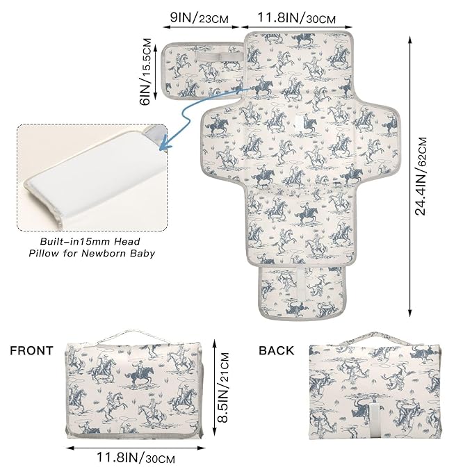 Cowboys Horse Western Portable Diaper Changing Pad with Wipes Holder, West Desert Foldable Baby Diaper Changer Travel Bag American Wild Baby Changing Mat with Built-in Pillow for Newborn