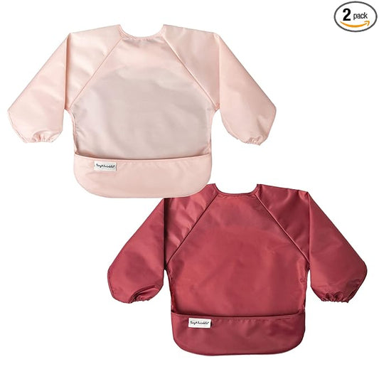 Tiny Twinkle Long Sleeve Bib for Babies & Toddlers | 2-Pack Waterproof Smock Bib for Eating | Machine Washable & Mess-Proof Feeding Essentials | Newborn Shower Gift (Rose Burgundy,2-4Y)