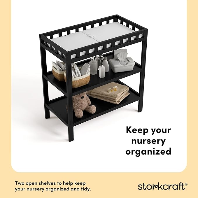 Storkcraft Morningside Changing Table (Black) – GREENGUARD Gold Certified Baby Changing Table, Includes Waterproof Diaper Changing Pad, Easy 30-Minute Assembly, 2 Open Shelves for Storage