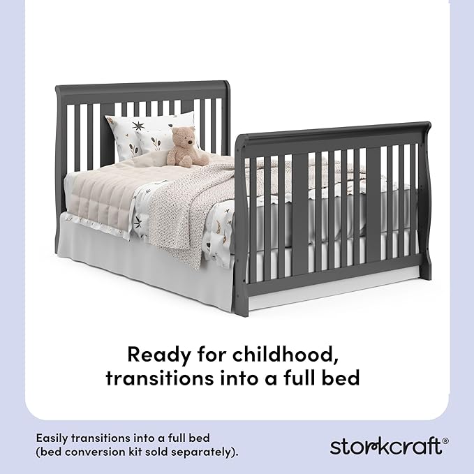 Storkcraft Portofino 5-in-1 Convertible Crib and Changer – Crib and Changing Table Combo with Drawer, Converts to Toddler Bed, Daybed and Full-Size Bed, Storage Drawer (Gray)