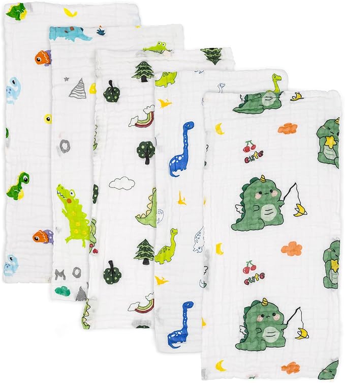 PENG'S M Baby Muslin Burp Cloths 5 Pack Dinosaur Burping Rags Super Soft Face Towel 100% Organic Cotton 20x10 Inches