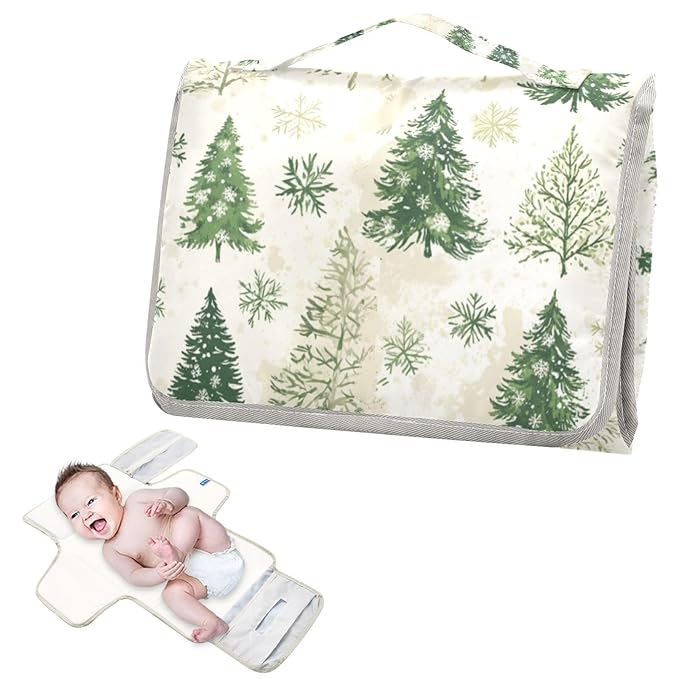 Portable Diaper Changing Pad Travel Baby Changing Mat Waterproof Diaper Changing Mat Foldable Lightweight Baby Changer with Built-in Pillow Tree Green Christmas