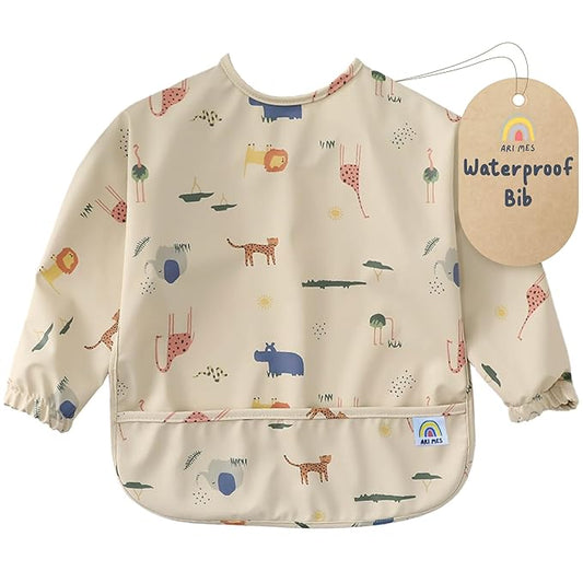 ARI MES Waterproof Long Sleeve Baby Bib for Eating-Animals Pattern, Medium-Toddler Smock with Catch-All Pocket, BPA Free, Machine Washable, Wearable Feeding Bib for Boys & Girls 6-72 Months