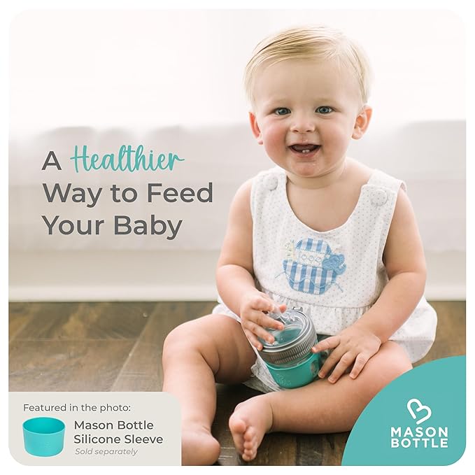 Mason Bottle 4oz Baby Glass Bottle with Breast Like Slow Flow Nipple, Cap+Ring - BPA Free, Non Toxic, Anti Colic Baby Bottle, Glass Feeding Bottle for Babies