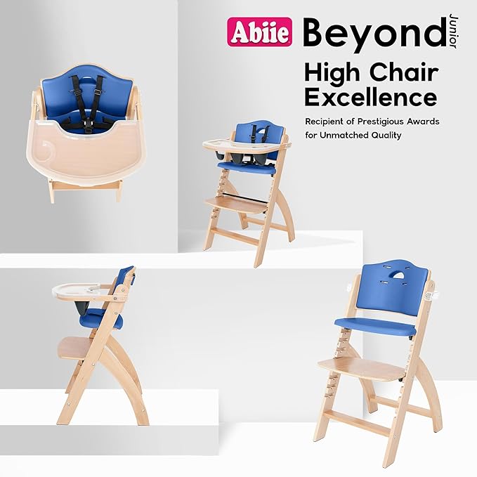 Abiie Beyond Junior Wooden High Chair for Babies and Toddlers - Convertible 3-in-1 Baby Highchair with Removable Tray - 6 Months to 250 Lb - Water Resistant - Natural Wood with Blueberry Cushion