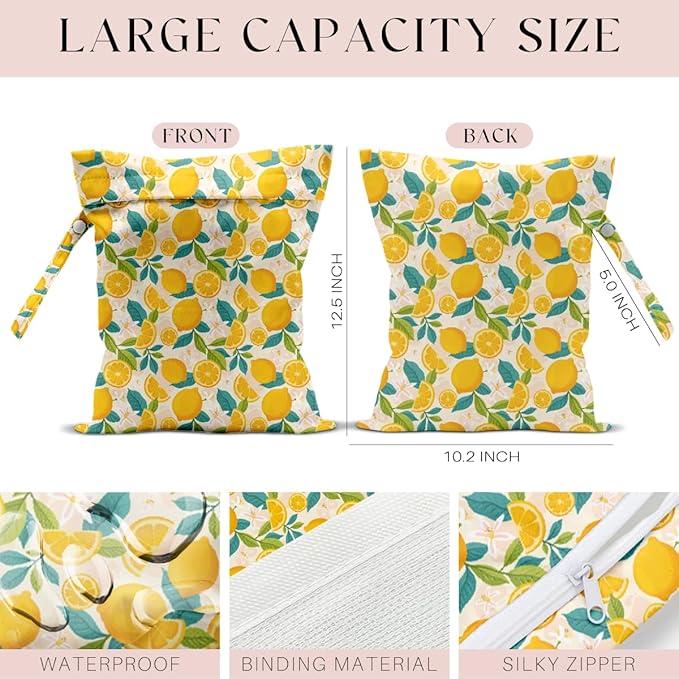 Wet Bag, Wet Dry Bag, Waterproof Swim Bags, Machine Washable Reusable Bags for Beach, Pool, Diapers, and Dirty Yoga Gym Clothes(Summer Fruit Lemon Pattern