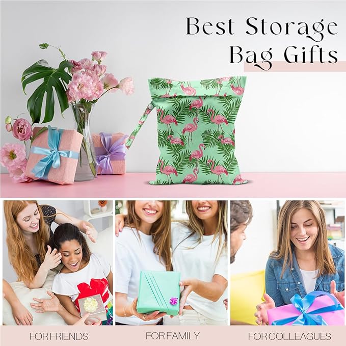 Wet Dry Bag Waterproof Reusable Palm Leaf Flamingo Wet Bag for Swimsuit, Travel, Beach, Pool, Diapers, Dirty Yoga Gym Clothes Toiletries Daycare Organizer