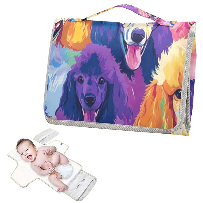 Portable Diaper Changing Pad Travel Baby Changing Mat Waterproof Diaper Changing Mat Foldable Lightweight Baby Changer with Built-in Pillow Vibrant and Colorful Poodle