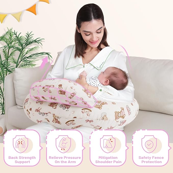 AMASKY Nursing Pillow for Breastfeeding and Bottle Feeding, Ergonomic Support for Mom and Baby, Removable Washable Cover, Pink Bear Pattern, Pallet of Product