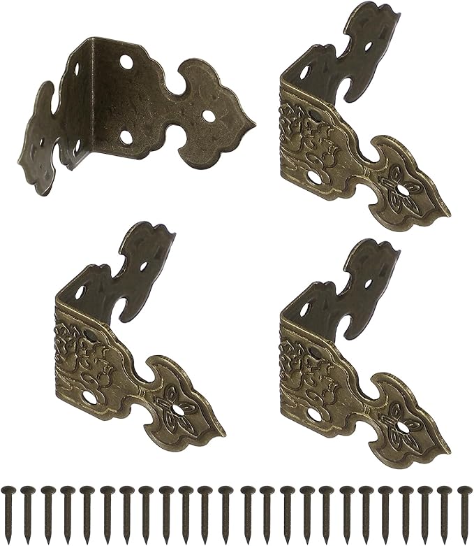 uxcell 4Pcs L Shaped Vintage Embossing Brass Decorative Corner 1 x 0.7 Inch Corner Protector with Mounting Nails Box Edge Guard Retro for Cabinets Furniture Decorative (Bronze)
