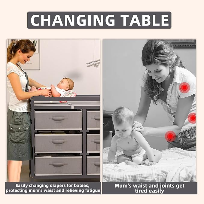 Glaf Baby Changing Table with 6 Storage Drawers and Pad Topper Modern Diaper Change Station Changing Table Dresser for Newborn Baby and Infant (Grey)